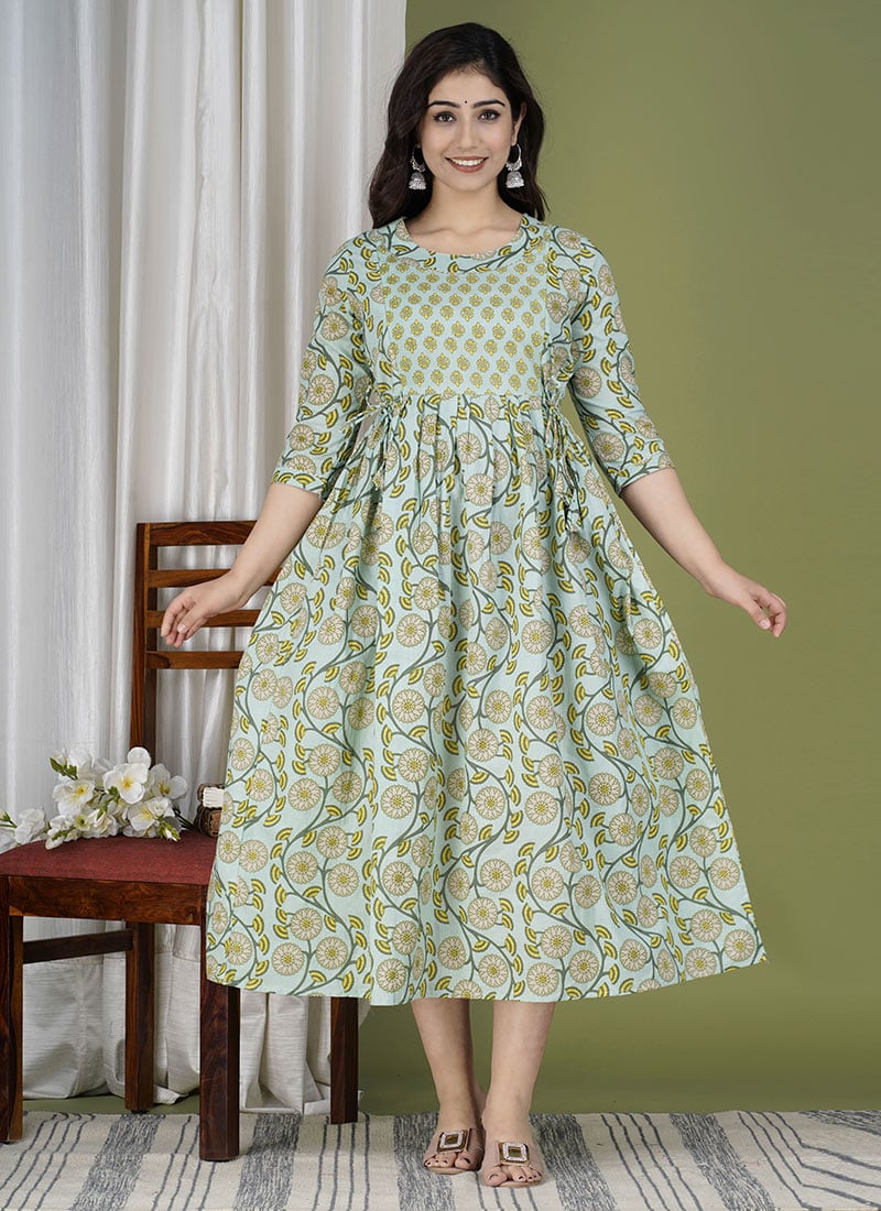Green Cotton Printed Dress After Six Wear
