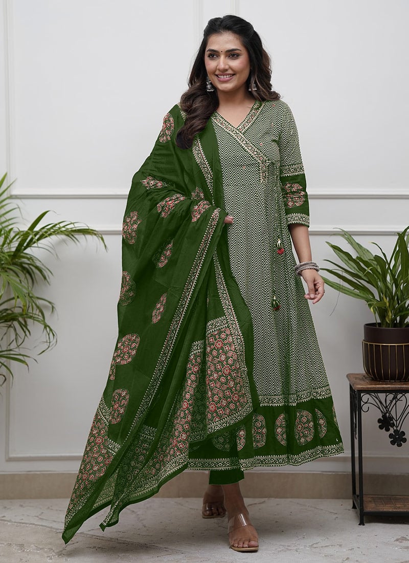 Green Cotton Printed Embroidered Angarkha Style Straight Pant Suit