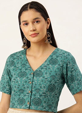 Green Cotton Printed Glamorous Blouse