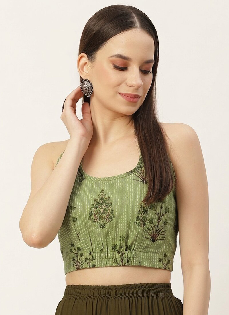 Green Cotton Printed Halter Neck Blouse Work Wear