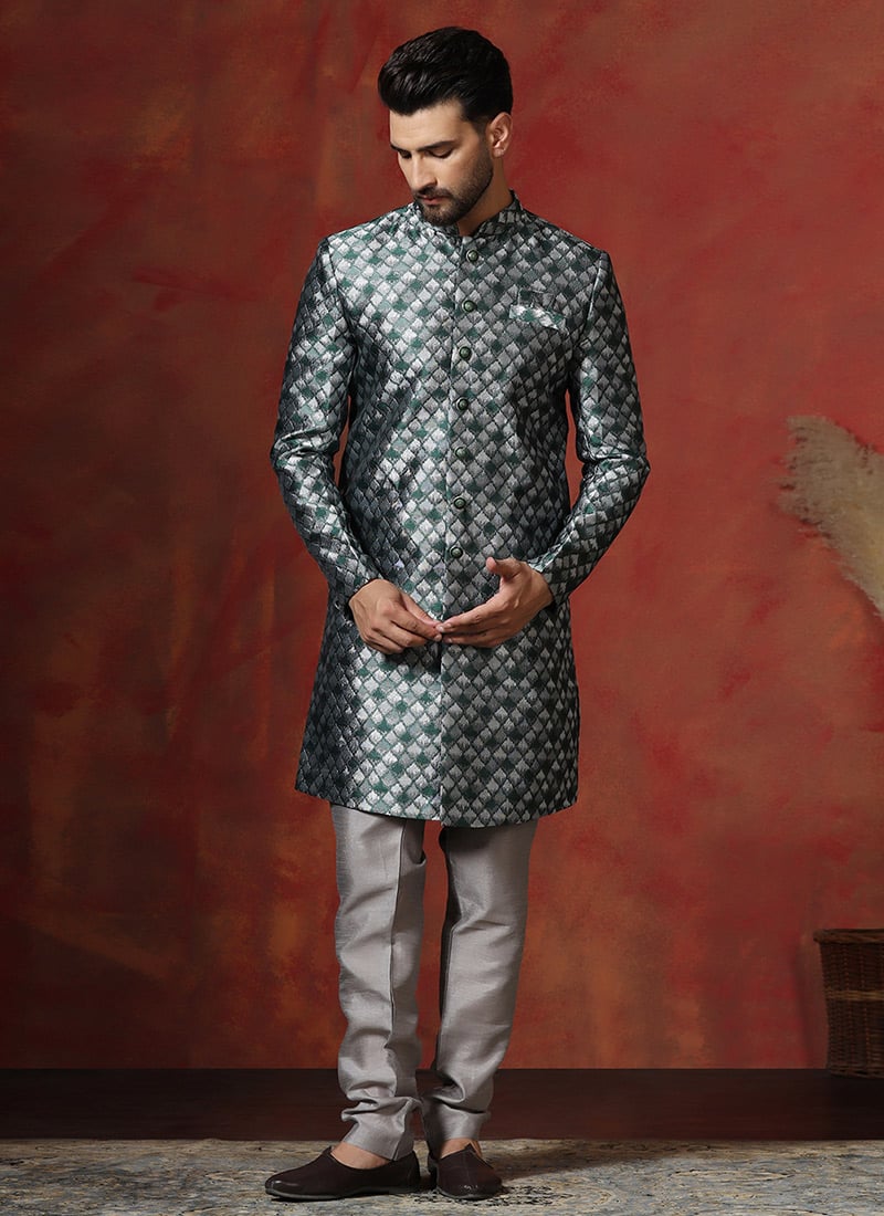 Green Cotton Printed Indowestern Sherwani Set Wedding Wear