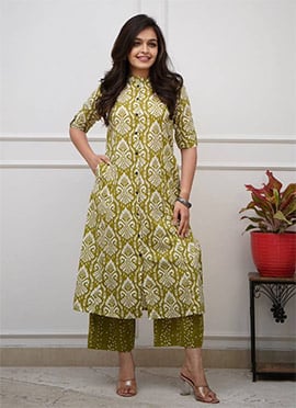 Green Cotton Printed Kurta Palazzo Set