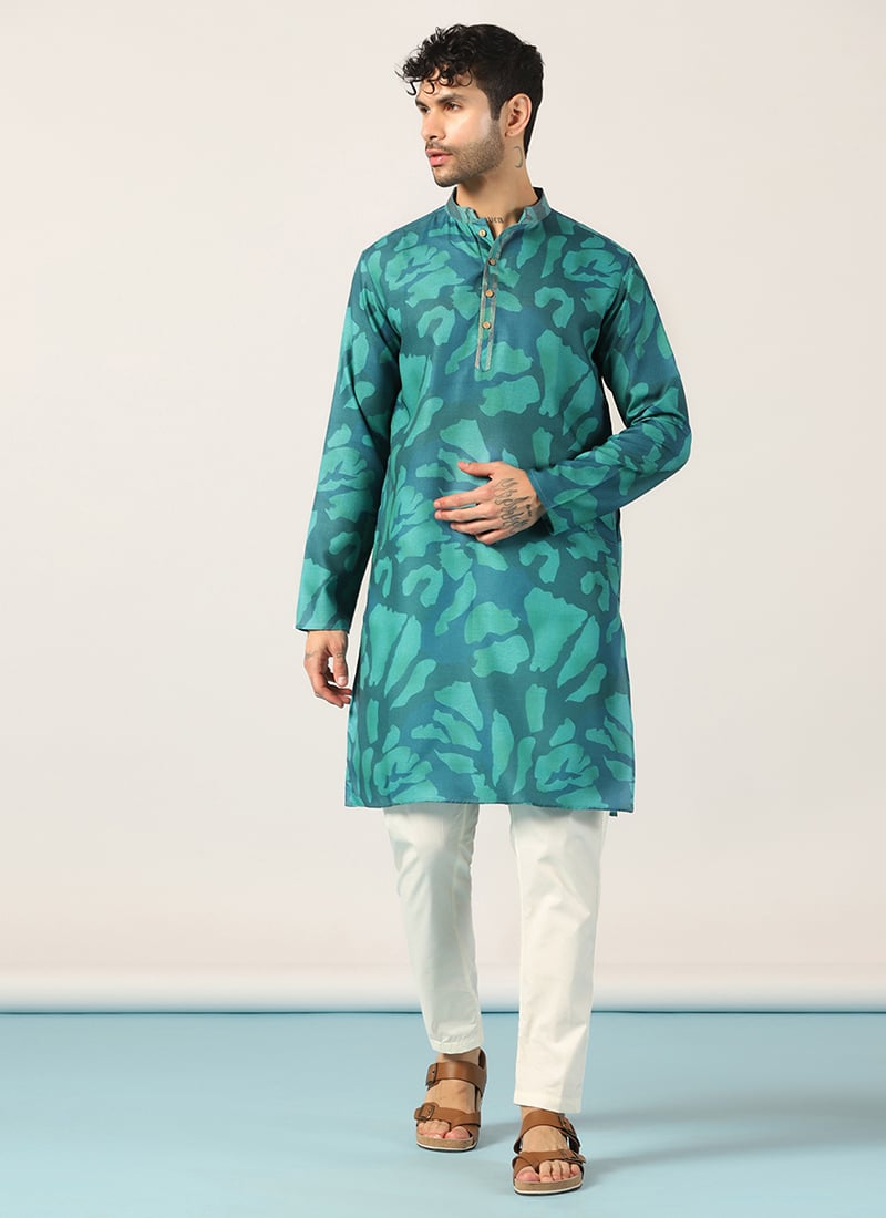 Green Cotton Printed Kurta Pyjama For Men Festive Wear