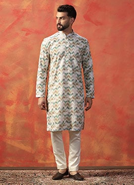 Green Cotton Printed Kurta Pyjama For Men