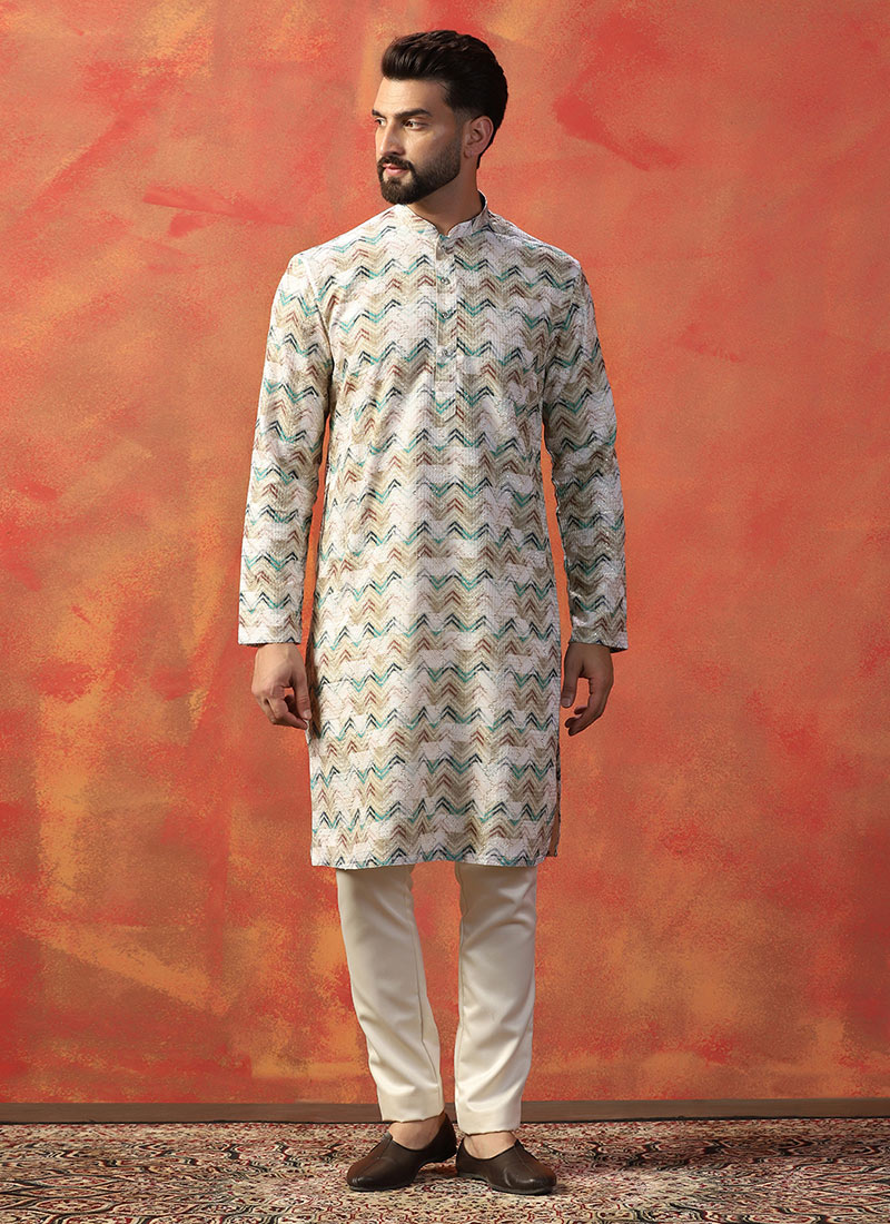 Green Cotton Printed Kurta Pyjama For Men Festive Wear