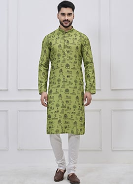Green Cotton Printed Kurta Pyjama