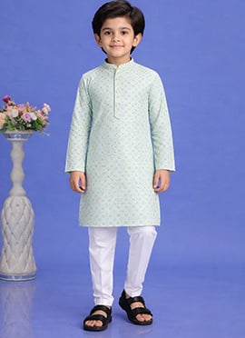 Green Cotton Printed Kurta Pyjama Set