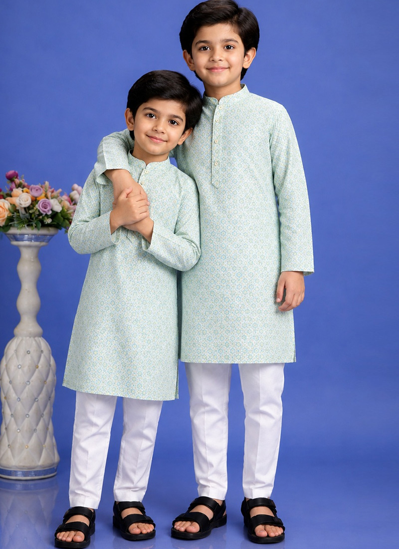Green Cotton Printed Kurta Pyjama Set
