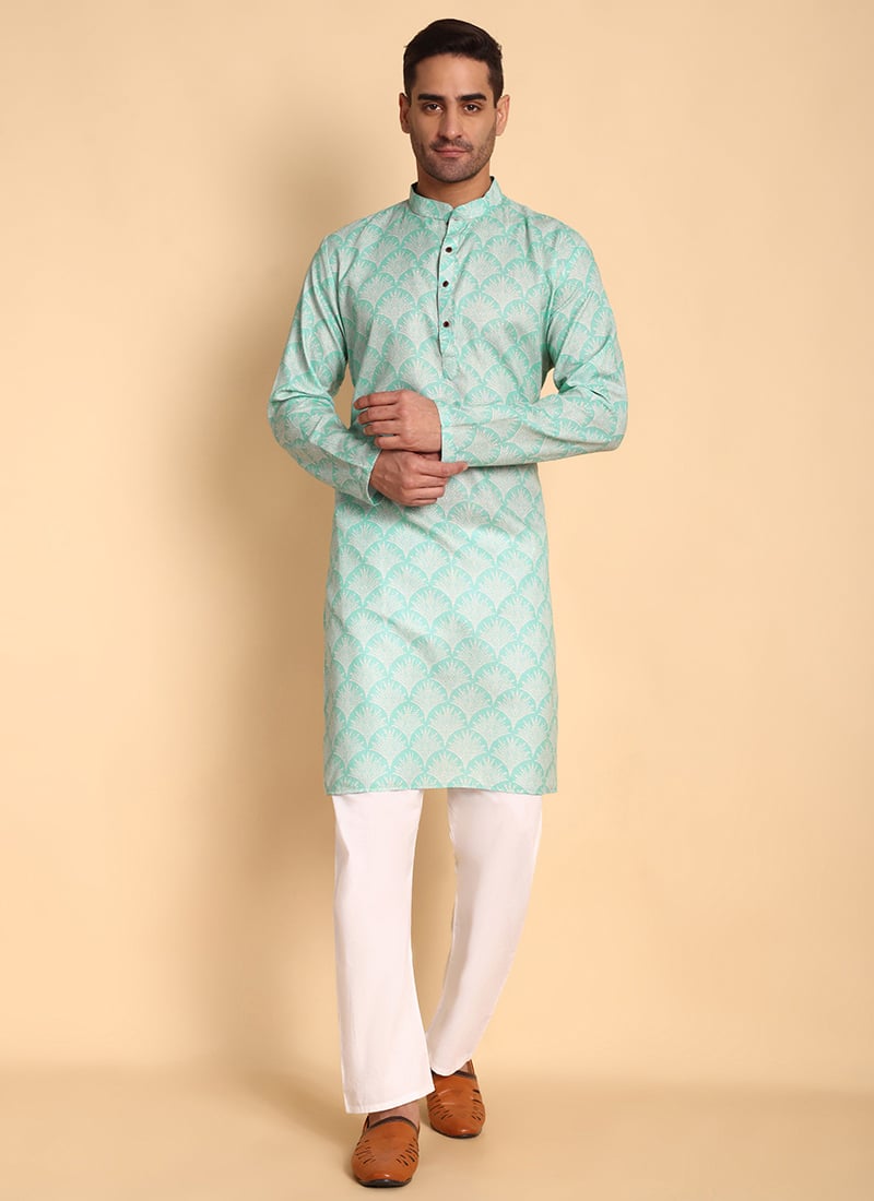 Green Cotton Printed Kurta Pyjama Set Festive Wear