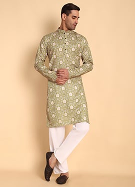 Green Cotton Printed Kurta Pyjama Set