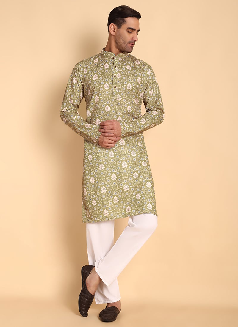 Green Cotton Printed Kurta Pyjama Set Festive Wear