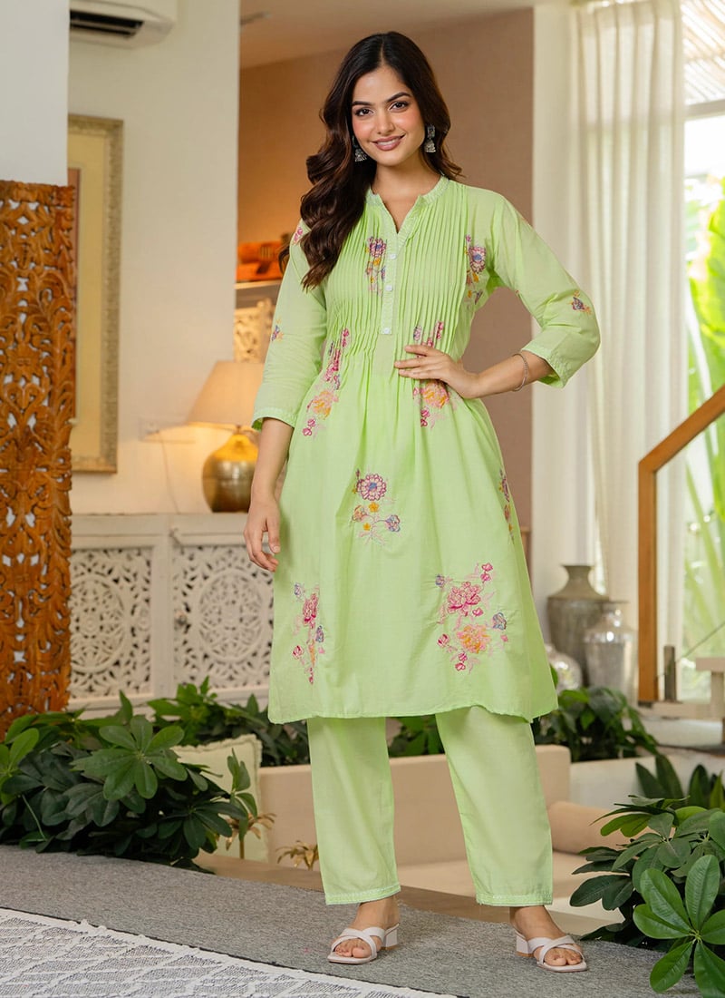 Green Cotton Printed Kurta Straight Pant Set After Six Wear
