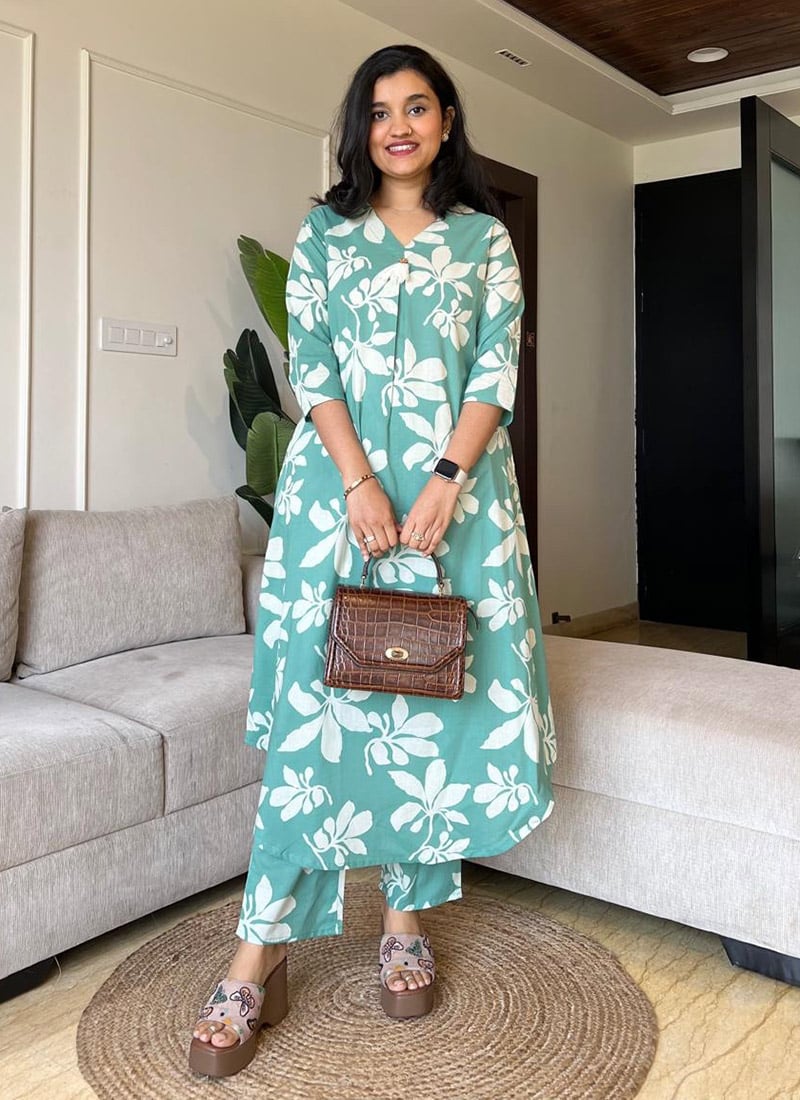Green Cotton Printed Kurta Straight Pant Set After Six Wear