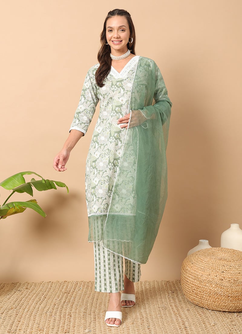 Green Cotton Printed Straight Pant Suit Simply Casual Wear After Six Wear