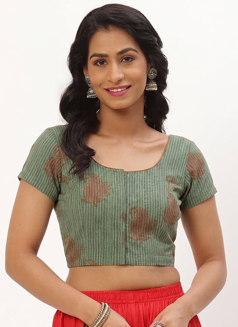 Green Cotton Printed Stylish Blouse After Six Wear
