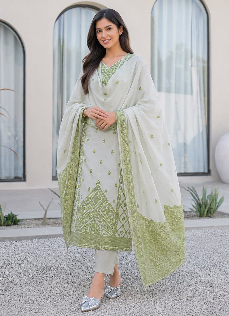 Green Cotton Printed Stylish Straight Pant Suit Work Wear