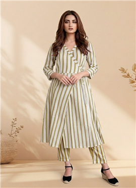 Green Cotton Printed Wrap Style Kurta Pant Set wit