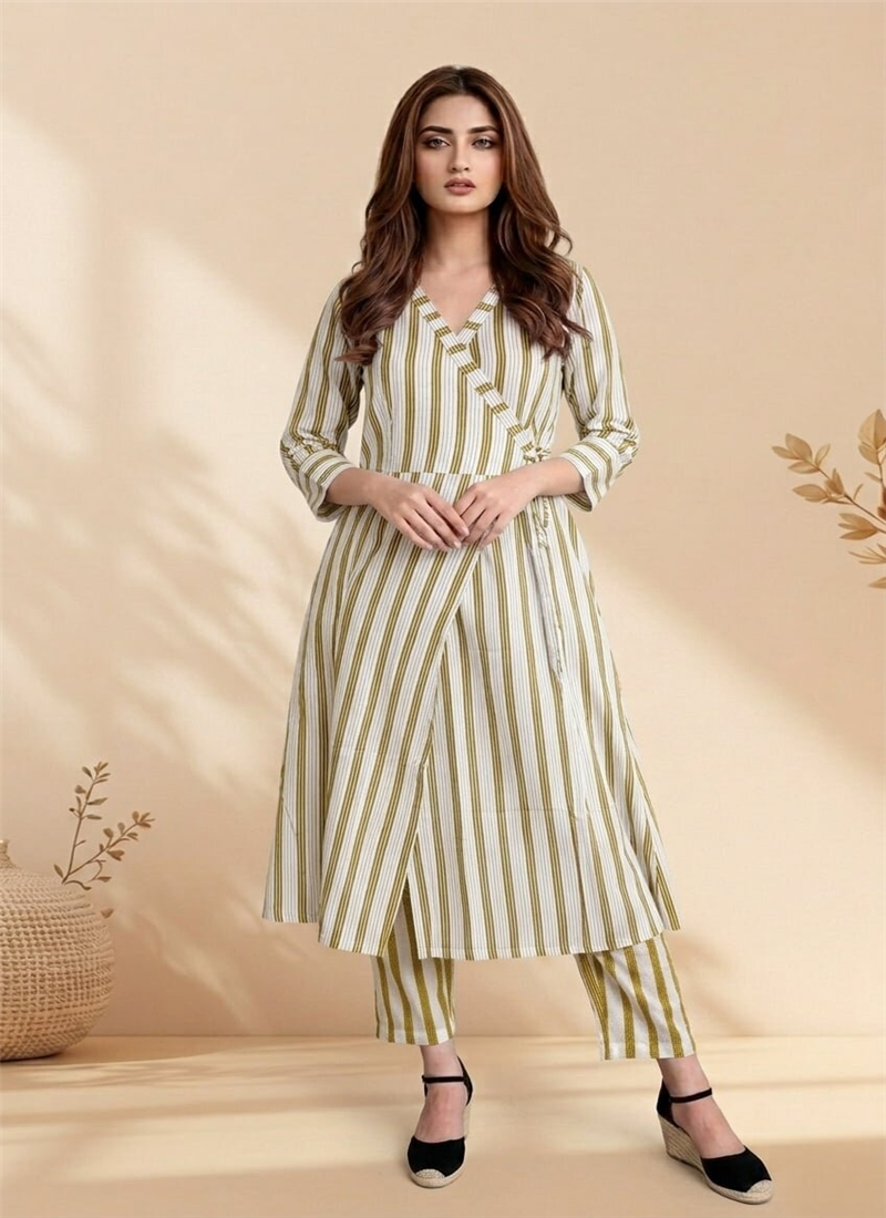 Green Cotton Printed Wrap Style Kurta Pant Set wit After Six Wear