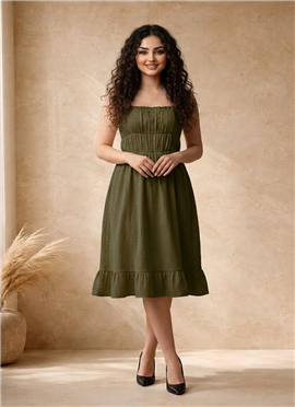 Green Cotton Ruched Bodice Midi Dress