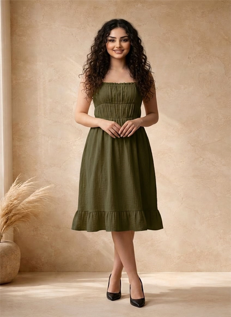 Green Cotton Ruched Bodice Midi Dress Party Wear