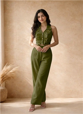 Green Cotton Ruffle Collar Co-ord Set