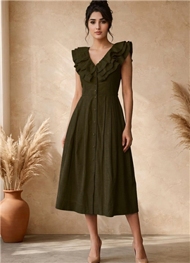Green Cotton Ruffle Detail Midi Dress