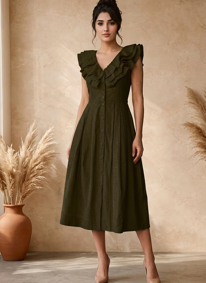 Green Cotton Ruffle Detail Midi Dress After Six Wear