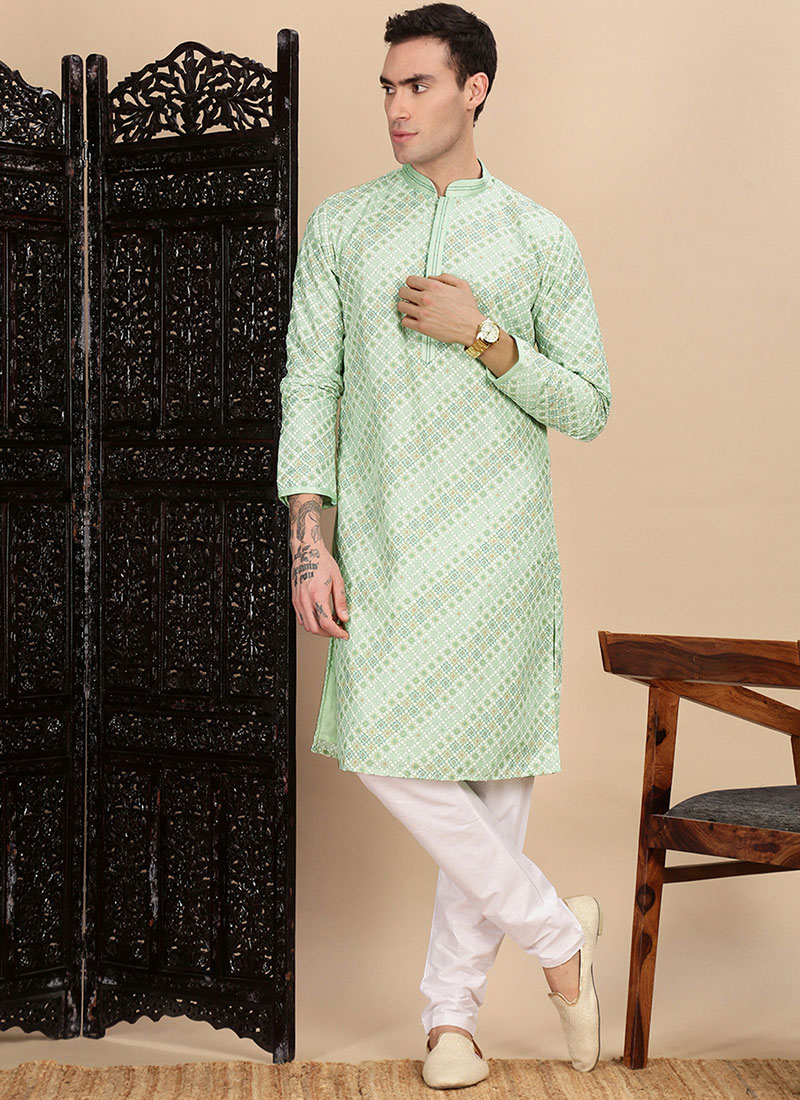 Green Cotton Sequins Kurta