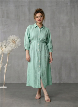 Green Cotton Shirt Collar Midi Dress
