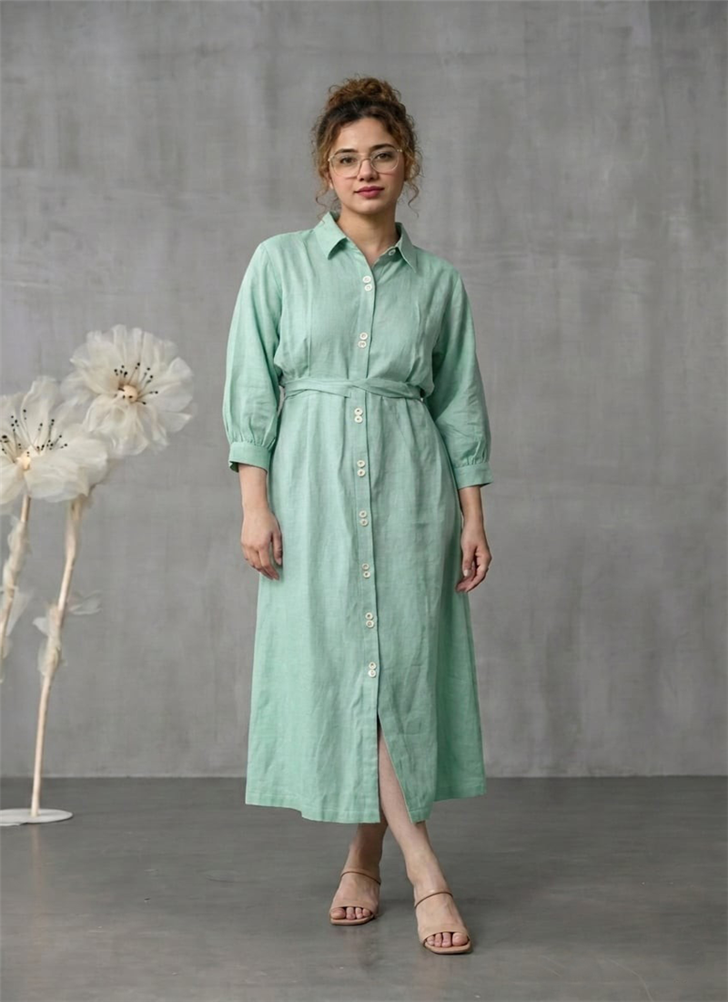 Green Cotton Shirt Collar Midi Dress After Six Wear