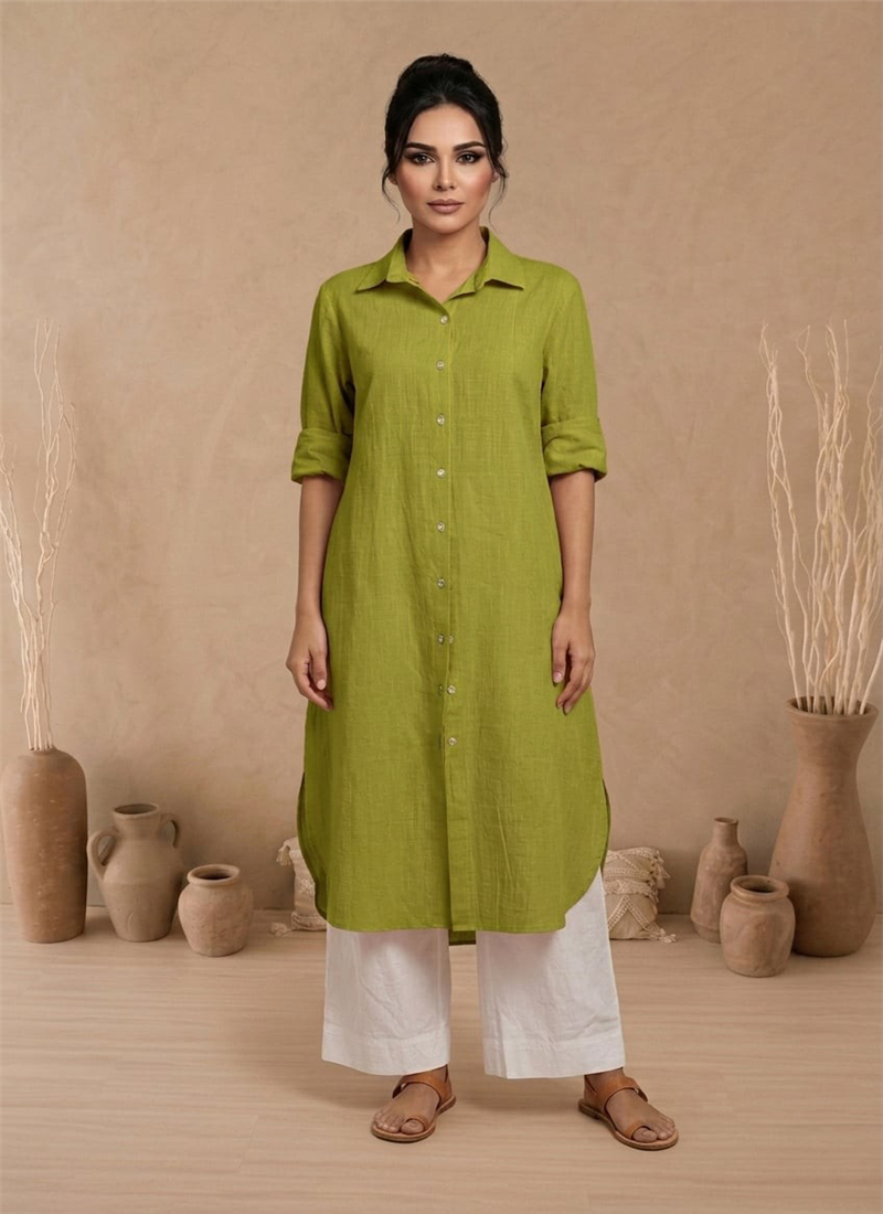 Green Cotton Shirt Kurta With White Palazzo Set After Six Wear