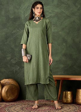 Green Cotton Silk Blend Zari Woven Kurta Straight Pant Set