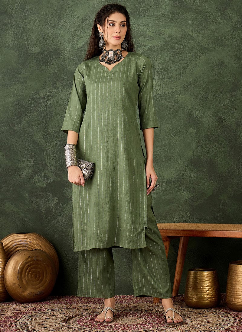 Green Cotton Silk Blend Zari Woven Kurta Straight Pant Set After Six Wear