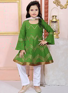 Green Cotton Silk Gota Lace Kids Girls Straight Pant Suit