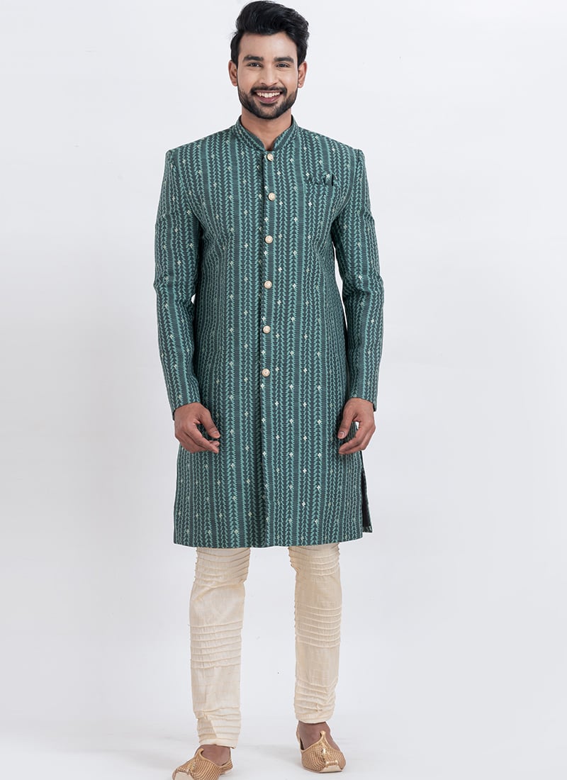 Green Cotton Silk Jacquard Classic Sherwani Wedding Wear