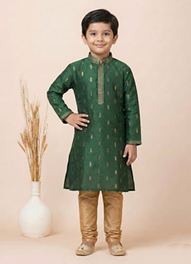 Green Cotton Silk Jacquard Kids Kurta Pyjama