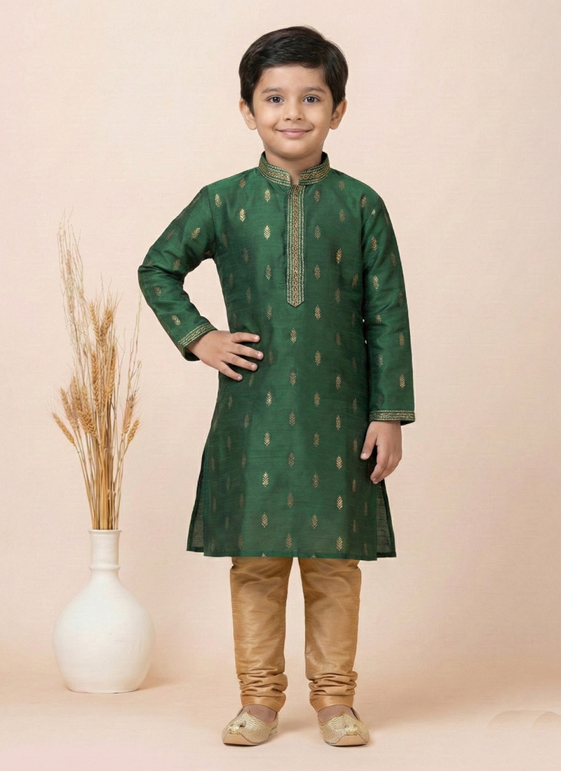 Green Cotton Silk Jacquard Kids Kurta Pyjama Festive Wear