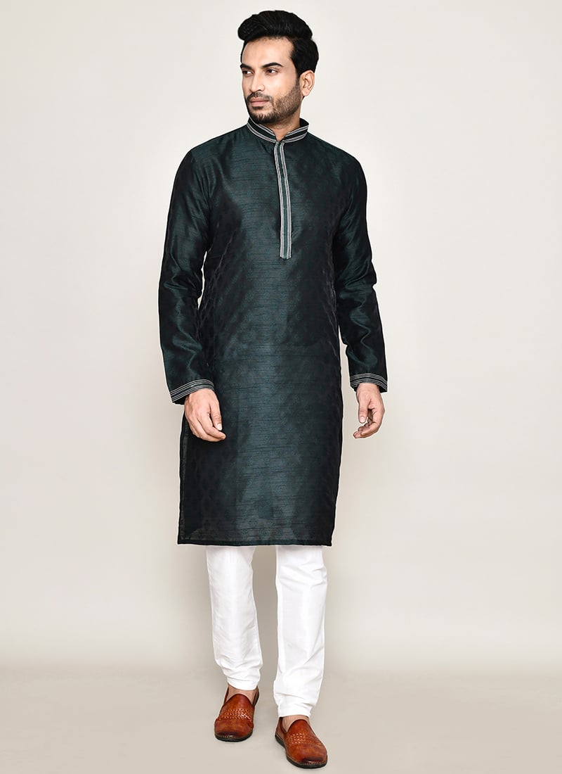 Green Cotton Silk Jacquard Kurta Pyjama