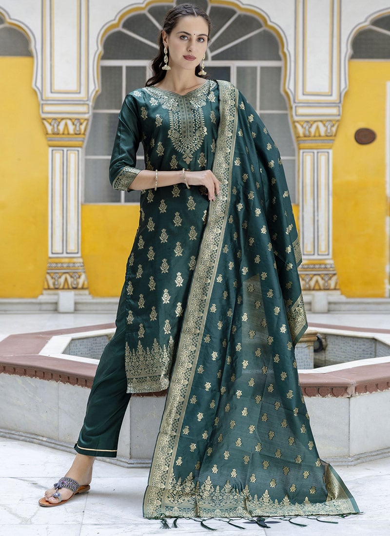Green Cotton Silk Jacquard Straight Pant Suit Festive Wear