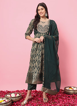 Green Cotton Silk Printed Embroidered Straight Pant Suit