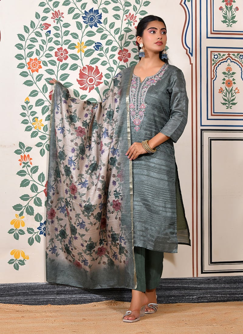 Green Cotton Silk Zari And Digital Print Straight Pant Suit After Six Wear