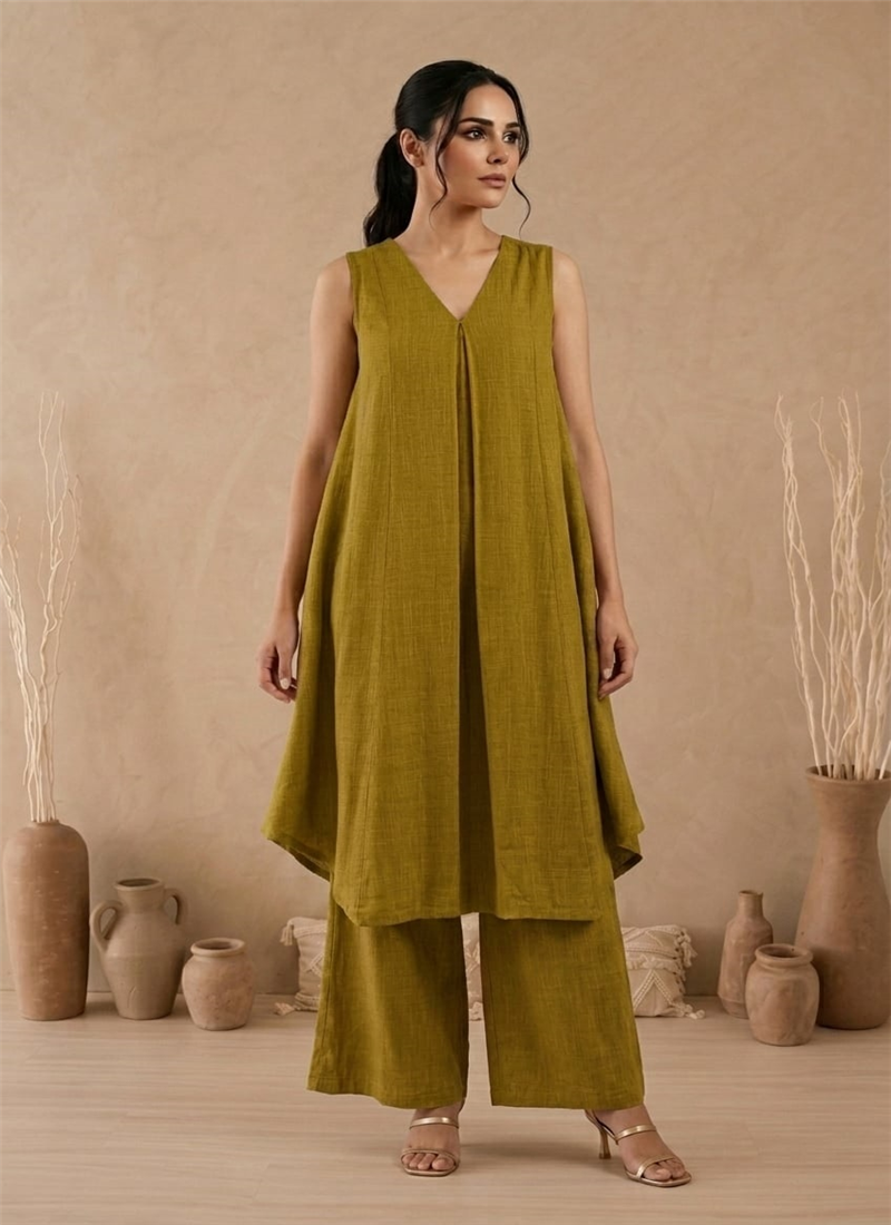 Green Cotton Sleeveless Layered Kurta With Palazzo After Six Wear