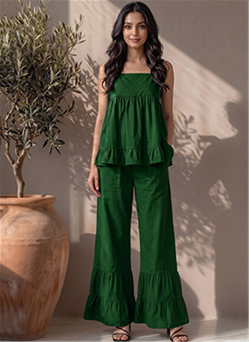 Green Cotton Sleeveless Ruffle Hem Co Ord Set After Six Wear