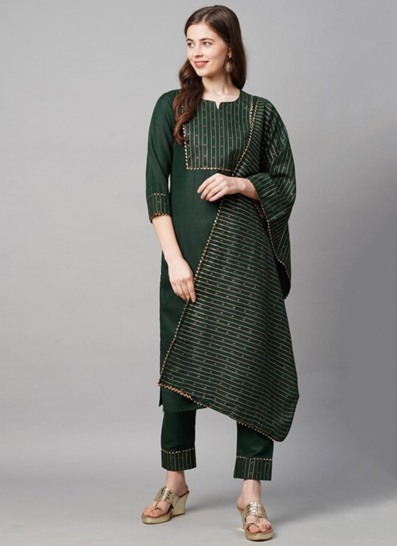 Green Cotton Slub Zari Work Straight Pant Suit After Six Wear