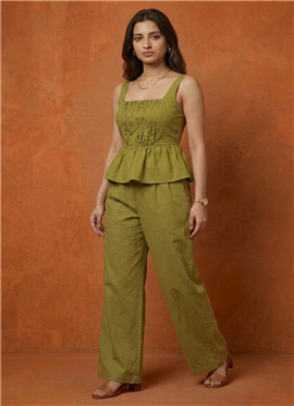 Green Cotton Smocked Peplum Co-ord Set