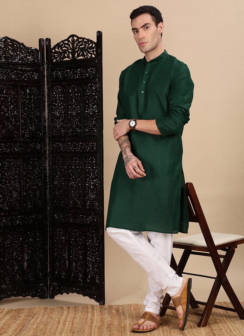 Green Cotton Solid Kurta