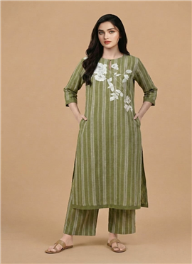 Green Cotton Striped Floral Kurta Set