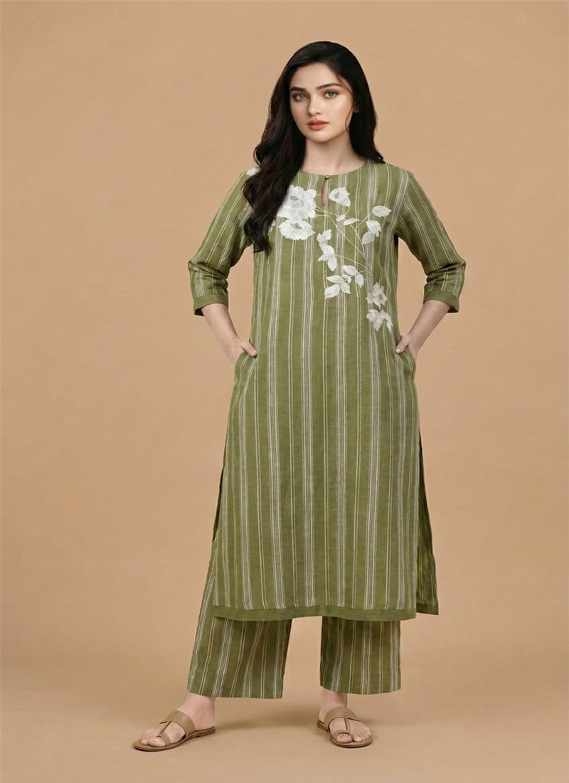 Green Cotton Striped Floral Kurta Set After Six Wear