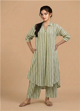 Green Cotton Striped Kurta Set