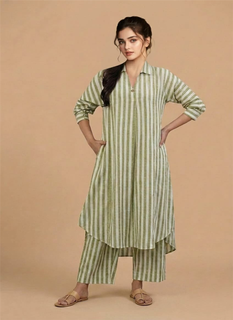 Green Cotton Striped Kurta Set After Six Wear
